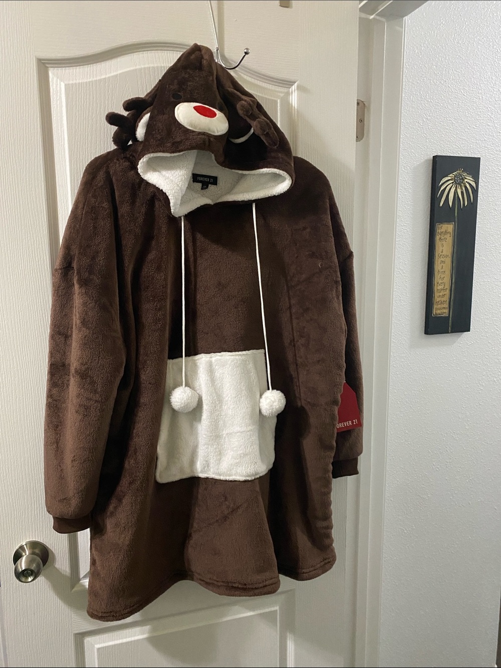Forever 21 Brown Reindeer Plush Hooded Poncho with White and Red Details